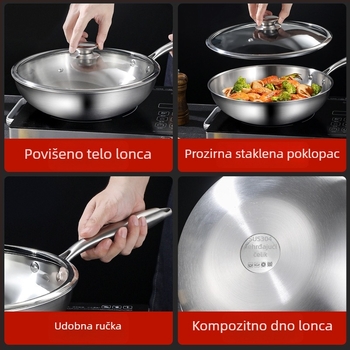 Wok s trostrukim dnom od 304 nehrđajućeg čelika, stakleni poklopac, dubina 9 cm, kompatibilan s indukcijskim i plinskim pločama