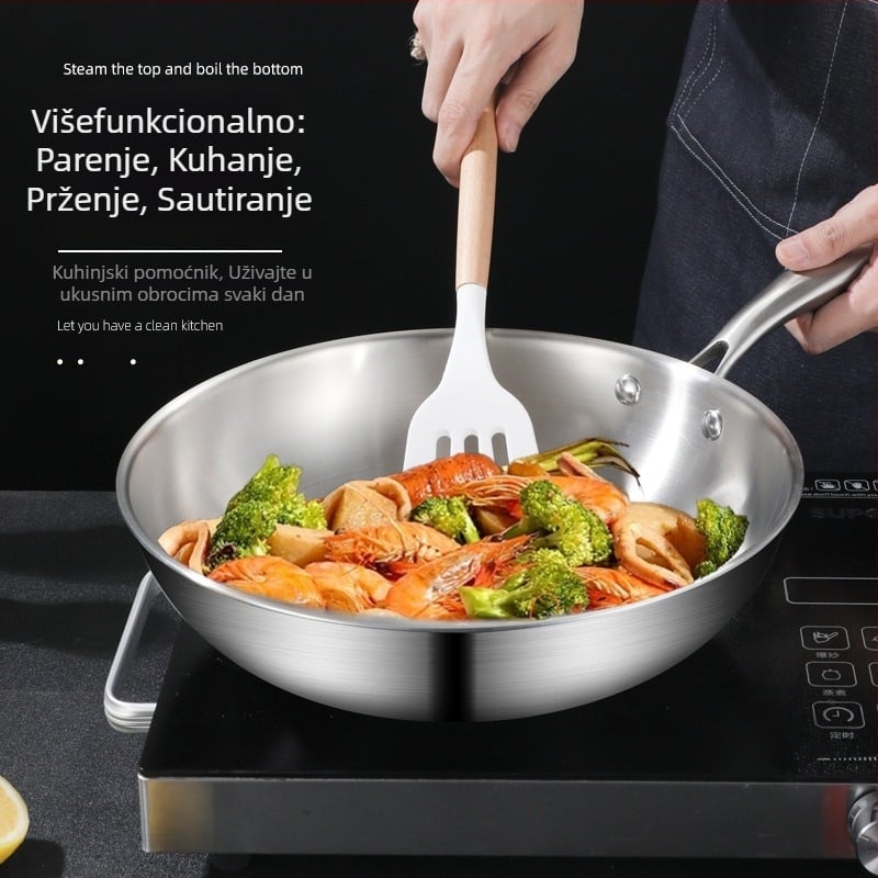 Wok s trostrukim dnom od 304 nehrđajućeg čelika, stakleni poklopac, dubina 9 cm, kompatibilan s indukcijskim i plinskim pločama