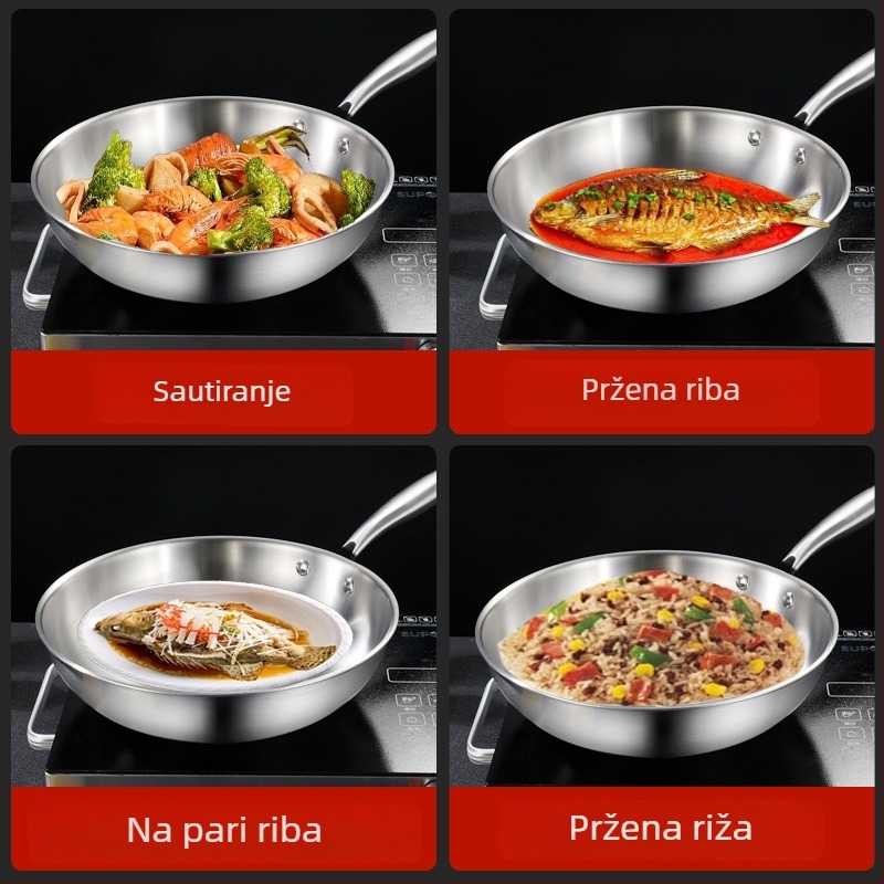 Wok s trostrukim dnom od 304 nehrđajućeg čelika, stakleni poklopac, dubina 9 cm, kompatibilan s indukcijskim i plinskim pločama