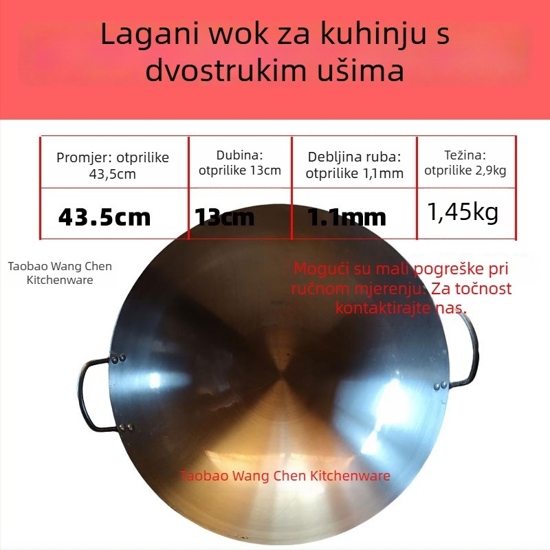 Wok od kovanog željeza, kineskog stila, okruglo dno, dubina 12 cm, kompatibilan sa svim pločama