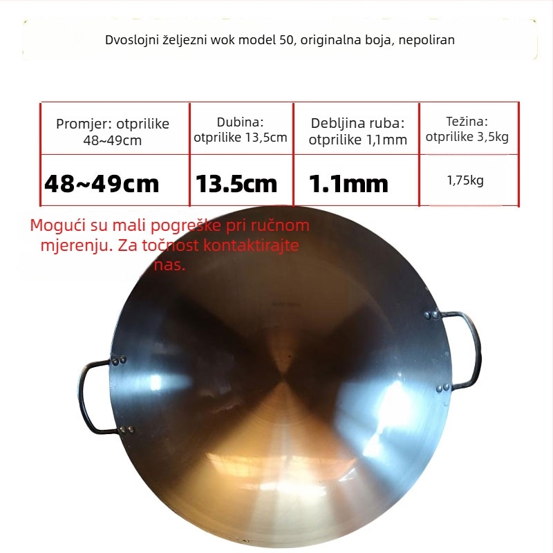 Wok od kovanog željeza, kineskog stila, okruglo dno, dubina 12 cm, kompatibilan sa svim pločama