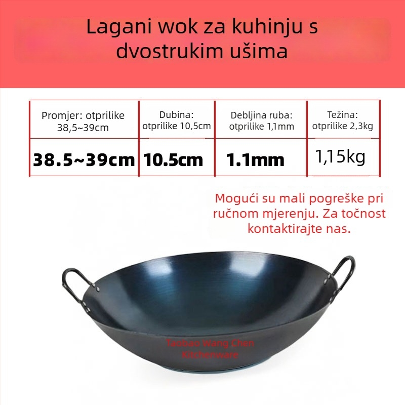 Wok od kovanog željeza, kineskog stila, okruglo dno, dubina 12 cm, kompatibilan sa svim pločama