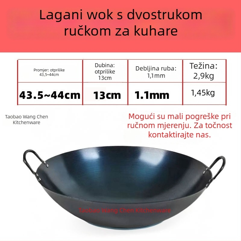 Wok od kovanog željeza, kineskog stila, okruglo dno, dubina 12 cm, kompatibilan sa svim pločama