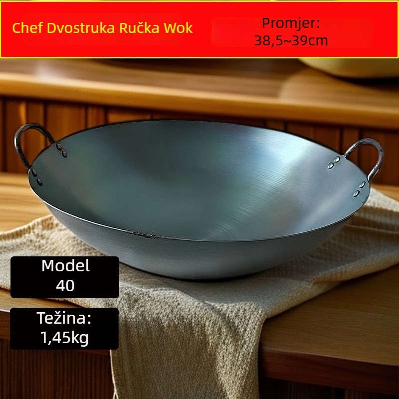 Wok od kovanog željeza, kineskog stila, okruglo dno, dubina 12 cm, kompatibilan sa svim pločama