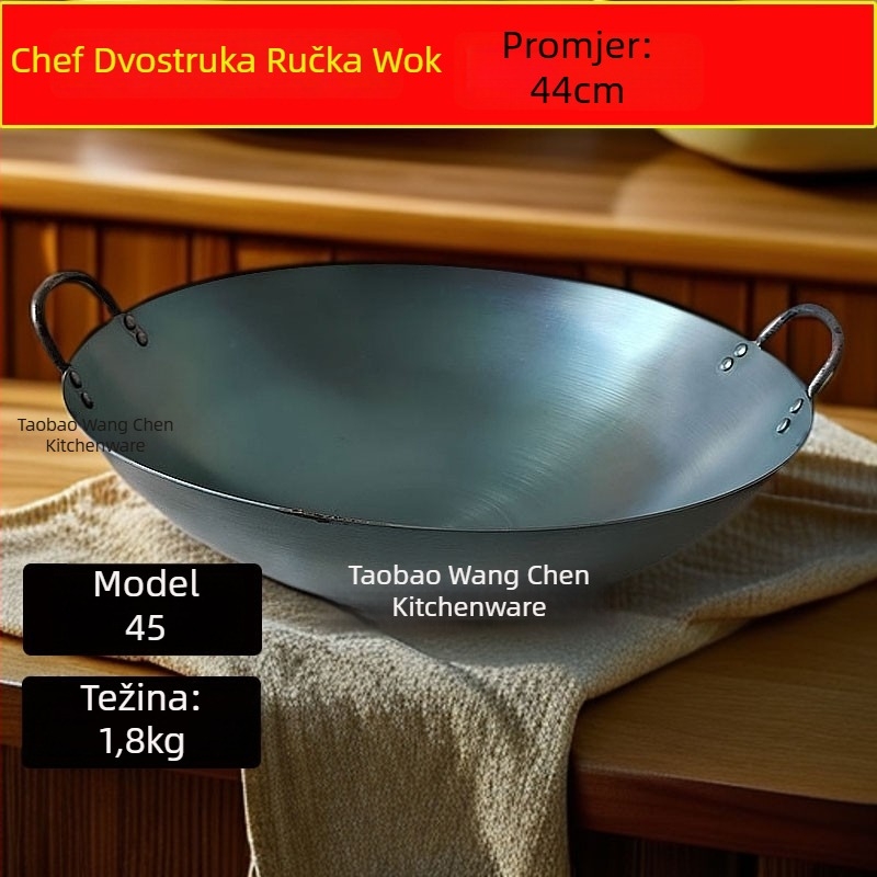 Wok od kovanog željeza, kineskog stila, okruglo dno, dubina 12 cm, kompatibilan sa svim pločama