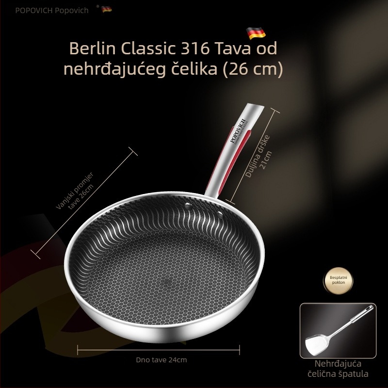 Neprimanjena posuda od 316L nehrđajućeg čelika za prženje, s višeslojnim dnom, kompatibilna s indukcijom i plinskim štednjakom, poklopac od nehrđajućeg čelika sa staklenim poklopcem