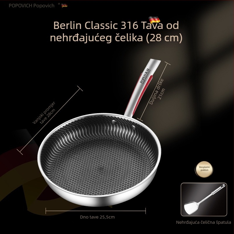 Neprimanjena posuda od 316L nehrđajućeg čelika za prženje, s višeslojnim dnom, kompatibilna s indukcijom i plinskim štednjakom, poklopac od nehrđajućeg čelika sa staklenim poklopcem