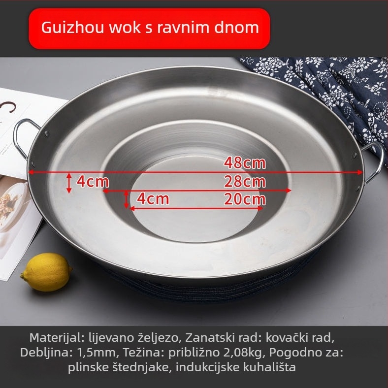Wok tiganj s konkavnim dnom, od rafiniranog željeza, bez premaza, poklopac od nehrđajućeg čelika