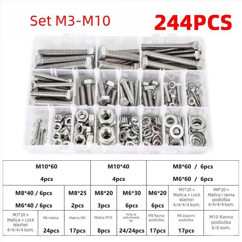 Lingding hardware vanjski šesterokutni set vijaka, 304 nehrđajući čelik, A2-70, nacionalni standard