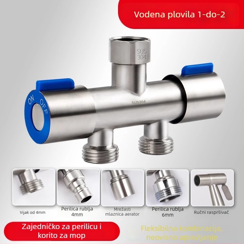 304 nehrđajući čelik dvostruko upravljani kutni ventil, 1 ulaz, 2 izlaza, troputni vodovodni razvodnik s prekidačem, zidna montaža