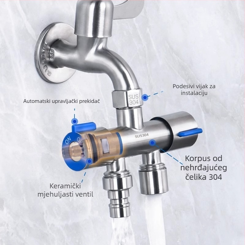 304 nehrđajući čelik dvostruko upravljani kutni ventil, 1 ulaz, 2 izlaza, troputni vodovodni razvodnik s prekidačem, zidna montaža