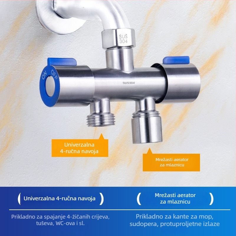 304 nehrđajući čelik dvostruko upravljani kutni ventil, 1 ulaz, 2 izlaza, troputni vodovodni razvodnik s prekidačem, zidna montaža