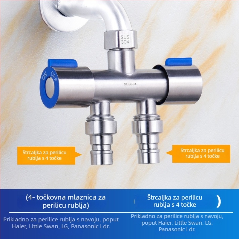 304 nehrđajući čelik dvostruko upravljani kutni ventil, 1 ulaz, 2 izlaza, troputni vodovodni razvodnik s prekidačem, zidna montaža