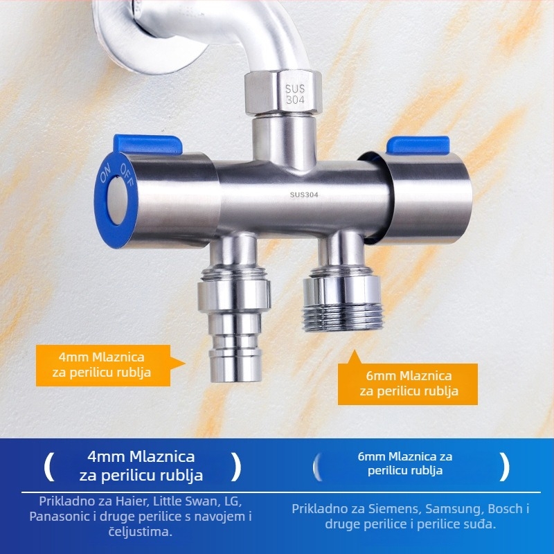 304 nehrđajući čelik dvostruko upravljani kutni ventil, 1 ulaz, 2 izlaza, troputni vodovodni razvodnik s prekidačem, zidna montaža