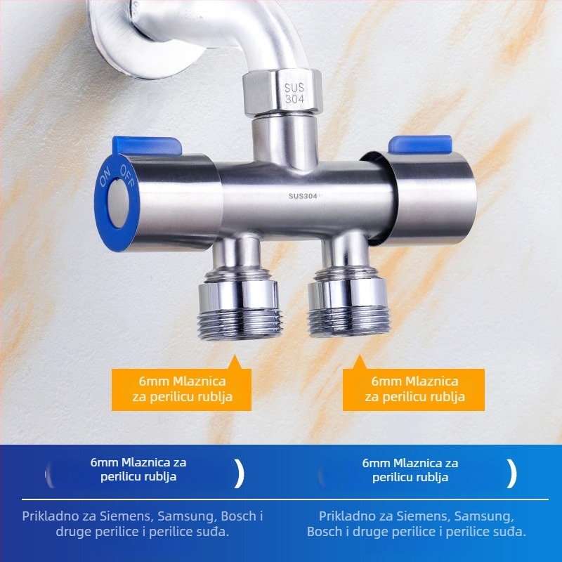 304 nehrđajući čelik dvostruko upravljani kutni ventil, 1 ulaz, 2 izlaza, troputni vodovodni razvodnik s prekidačem, zidna montaža