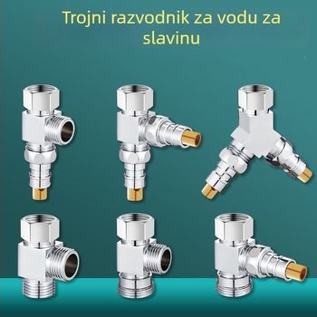 Perilica rublja troputni vodeni ventilić, razdjelnik 1 na 2, cinkova legura, kromirani premaz, promjer glavne i bočne cijevi 4 točke