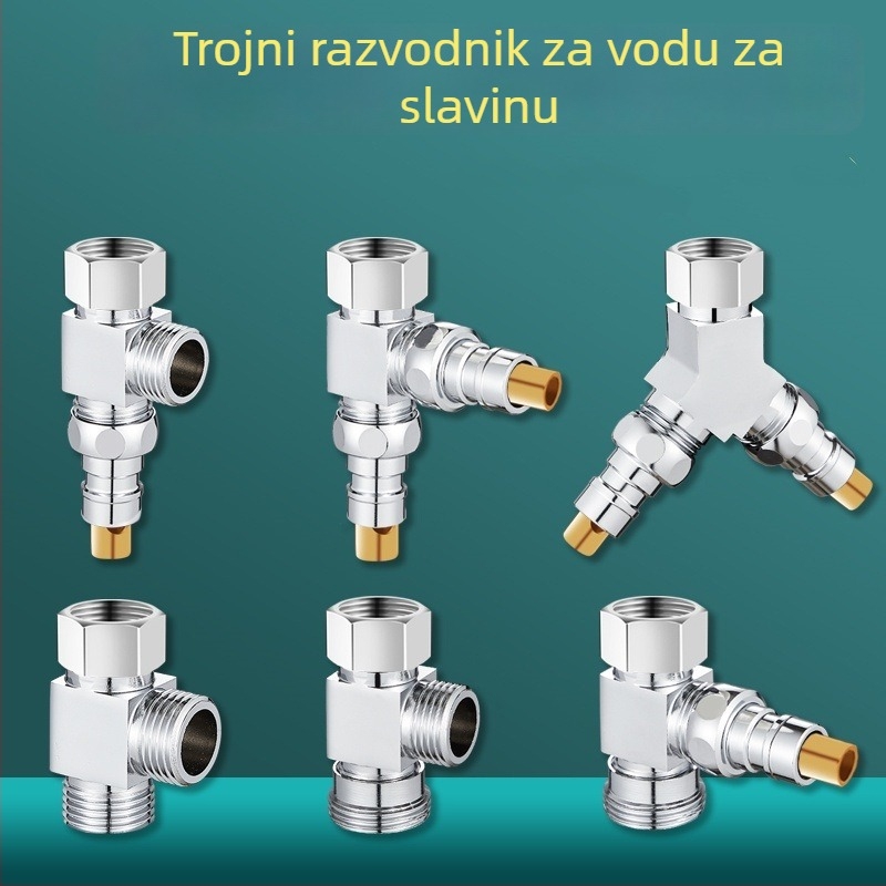 Perilica rublja troputni vodeni ventilić, razdjelnik 1 na 2, cinkova legura, kromirani premaz, promjer glavne i bočne cijevi 4 točke