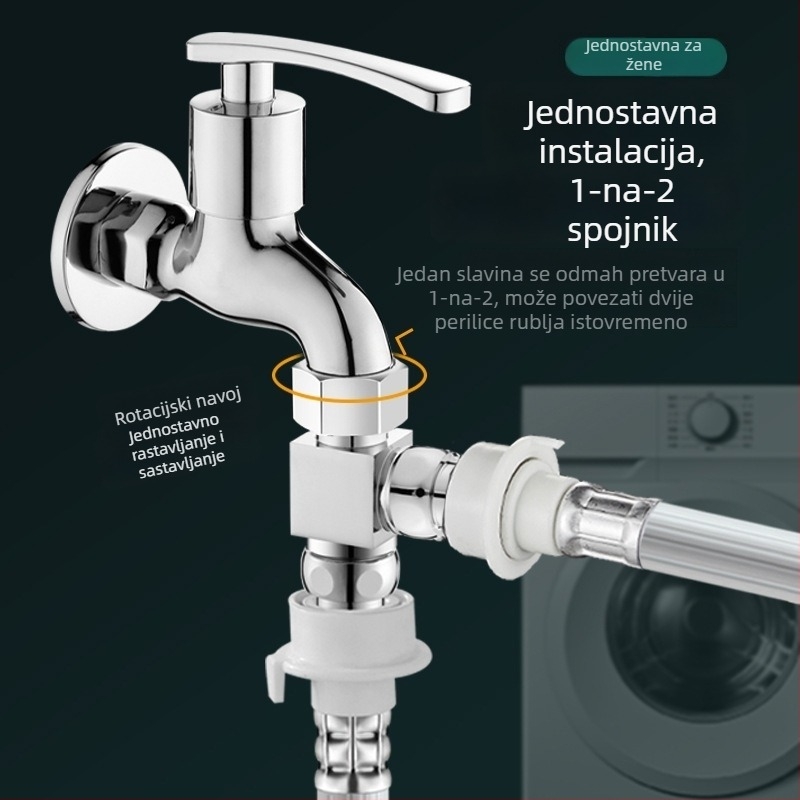 Perilica rublja troputni vodeni ventilić, razdjelnik 1 na 2, cinkova legura, kromirani premaz, promjer glavne i bočne cijevi 4 točke