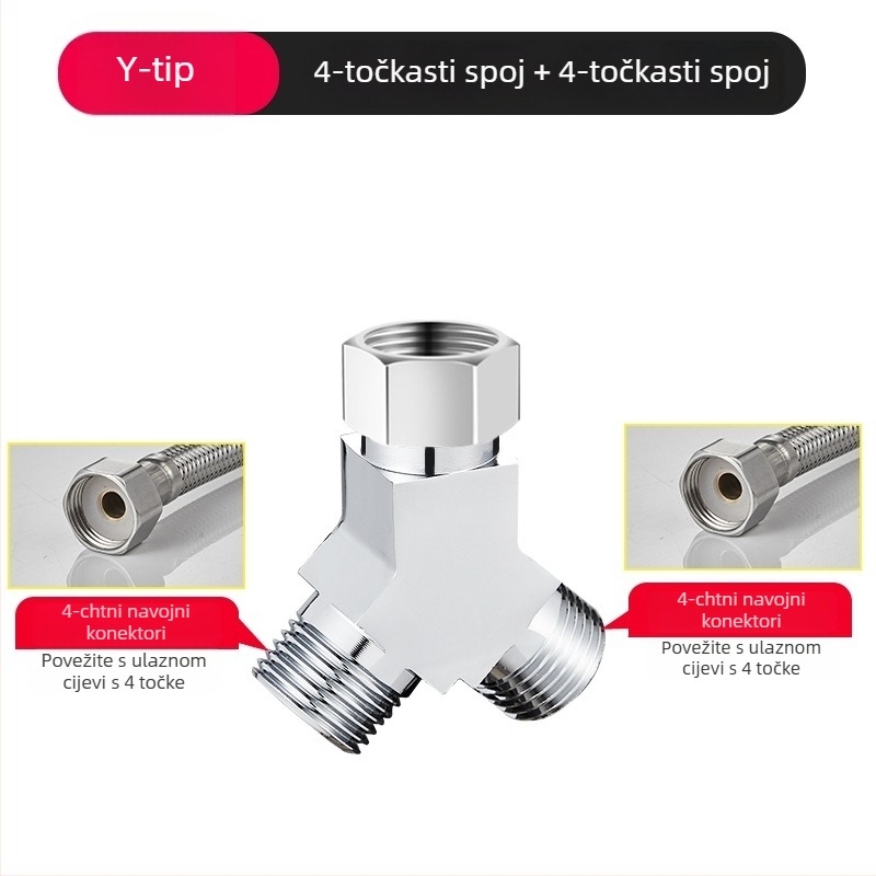 Perilica rublja troputni vodeni ventilić, razdjelnik 1 na 2, cinkova legura, kromirani premaz, promjer glavne i bočne cijevi 4 točke