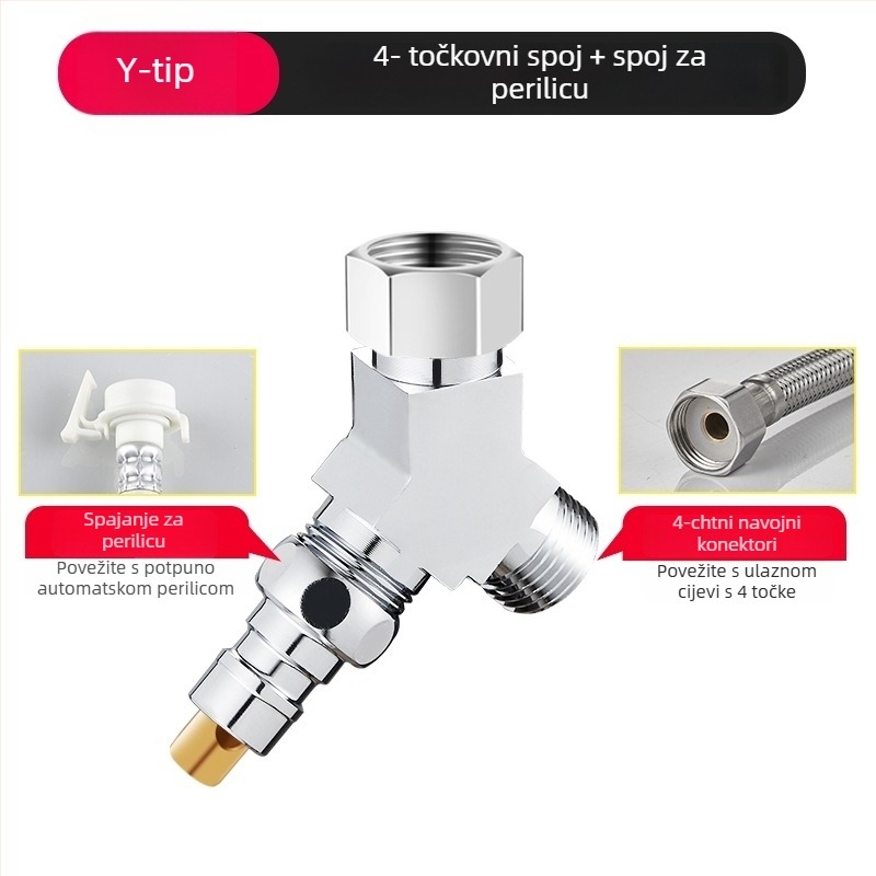 Perilica rublja troputni vodeni ventilić, razdjelnik 1 na 2, cinkova legura, kromirani premaz, promjer glavne i bočne cijevi 4 točke