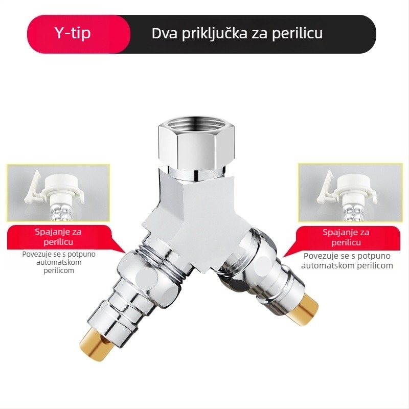 Perilica rublja troputni vodeni ventilić, razdjelnik 1 na 2, cinkova legura, kromirani premaz, promjer glavne i bočne cijevi 4 točke