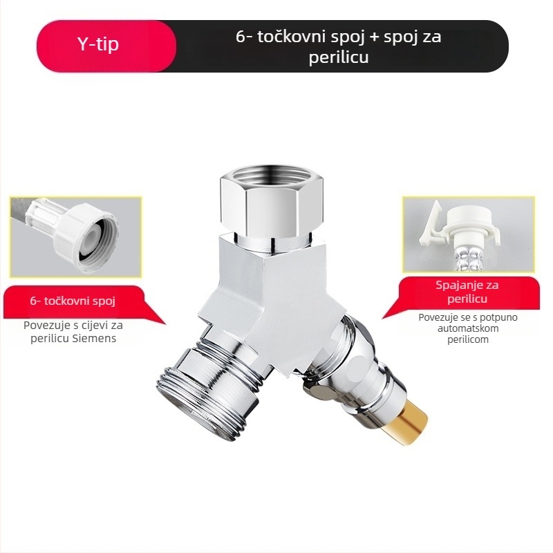 Perilica rublja troputni vodeni ventilić, razdjelnik 1 na 2, cinkova legura, kromirani premaz, promjer glavne i bočne cijevi 4 točke