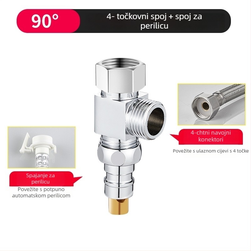 Perilica rublja troputni vodeni ventilić, razdjelnik 1 na 2, cinkova legura, kromirani premaz, promjer glavne i bočne cijevi 4 točke