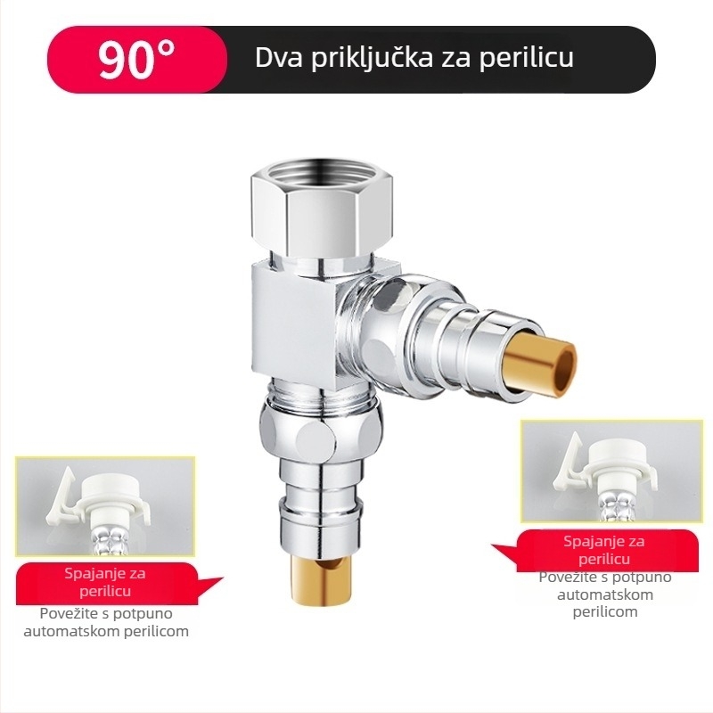 Perilica rublja troputni vodeni ventilić, razdjelnik 1 na 2, cinkova legura, kromirani premaz, promjer glavne i bočne cijevi 4 točke