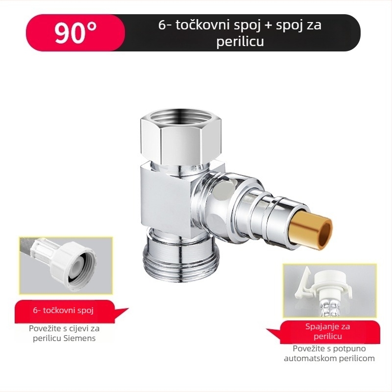 Perilica rublja troputni vodeni ventilić, razdjelnik 1 na 2, cinkova legura, kromirani premaz, promjer glavne i bočne cijevi 4 točke