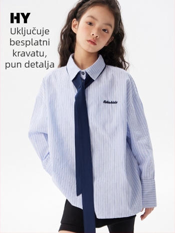 Dječja košulja u preppy stilu s ovratnikom tipa lapel, 100% pamuk, prugasti uzorak bojanim vlaknima, dugi rukavi, jesen 2025