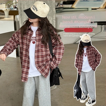 Dječji dvodijelni set košulje s karom za jesen – dugi rukav, pamuk, korejski stil, za uzrast 8+ (proljeće–jesen)