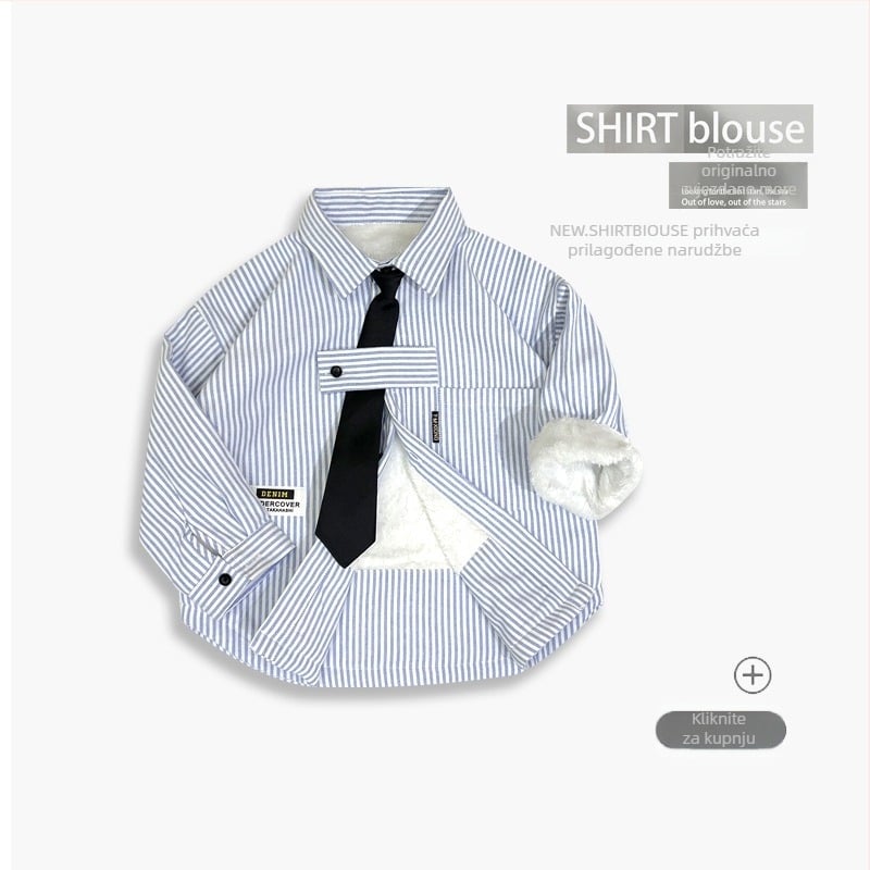 Dječja košulja s dugim rukavima, prugasta, fleece podstava, pamuk-mješavina 60/40, V-izrez, casual stil, proljeće-jesen