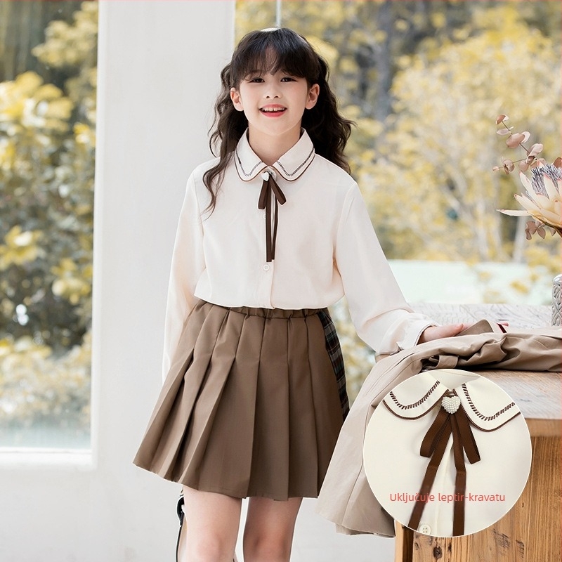 JK stil set za djevojčice: košulja s plisiranom suknjom; dugi rukavi; reverni ovratnik; poliester smjesa 60%; mekan na dodir