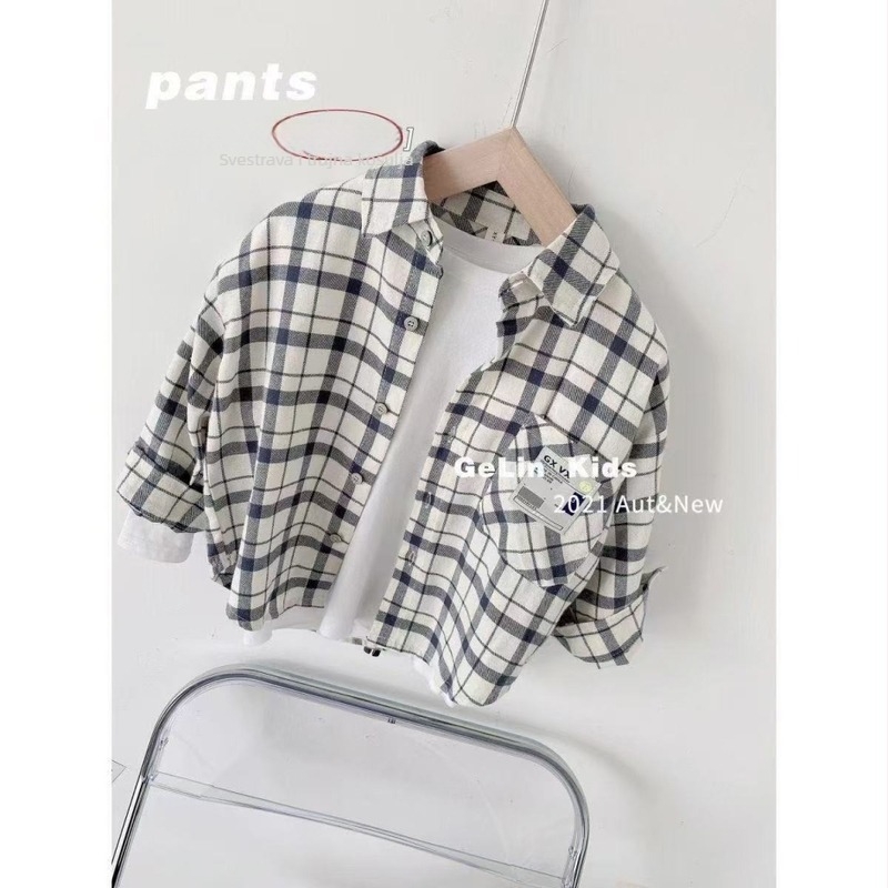 Dječja košulja, karirani uzorak, ovratnik s reverom (lapel), dugi rukavi, 50/50 pamuk-poliester mješavina, jesen, za djecu 3–8 godina
