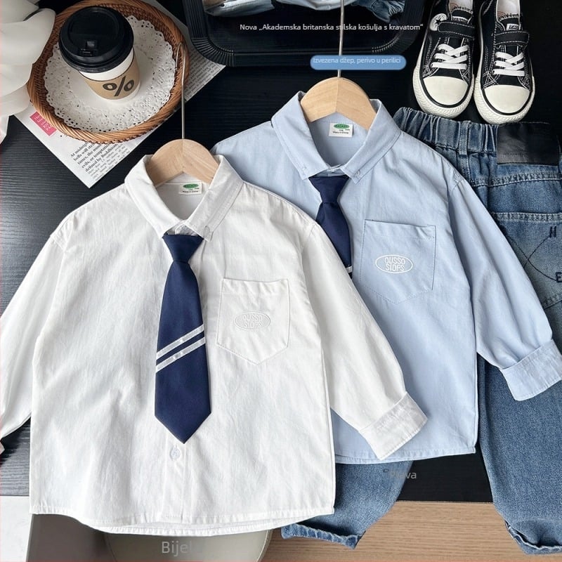 Dječja košulja, korejska verzija, dugi rukav, jednobojna, proljeće–jesen, pamuk