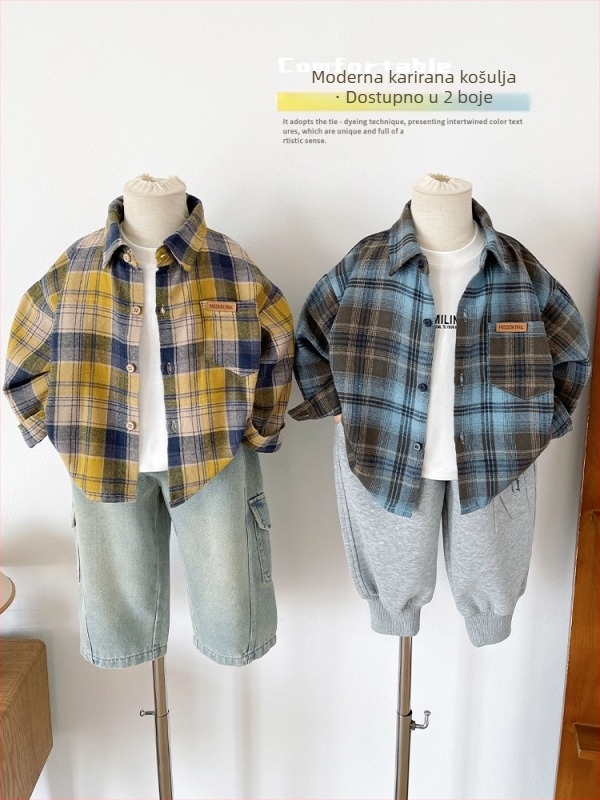 Dječja unisex košulja, korejskog stila, s uzorkom mreže i slova, duge rukave, 100% pamuk