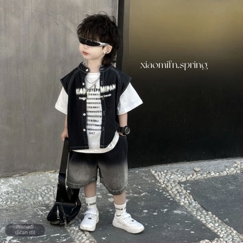 Trokomponentni dječji denim komplet (košulja, jakna, šorcevi) – korejski stil, pamuk 71–80%, kratki rukavi, za novorođenčad od 0 do 1 godine