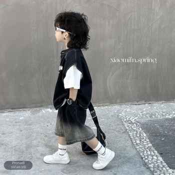 Trokomponentni dječji denim komplet (košulja, jakna, šorcevi) – korejski stil, pamuk 71–80%, kratki rukavi, za novorođenčad od 0 do 1 godine