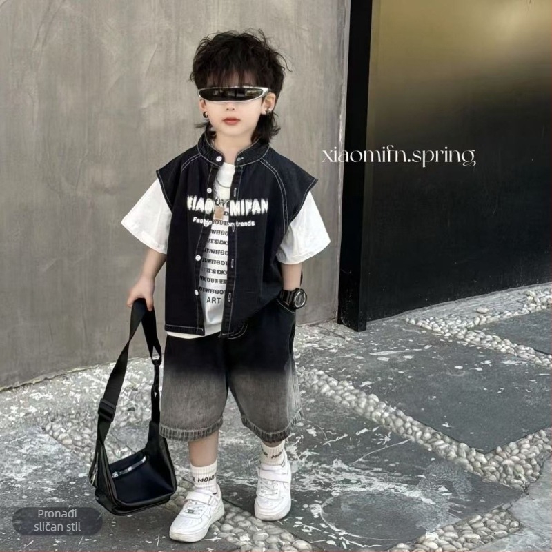 Trokomponentni dječji denim komplet (košulja, jakna, šorcevi) – korejski stil, pamuk 71–80%, kratki rukavi, za novorođenčad od 0 do 1 godine