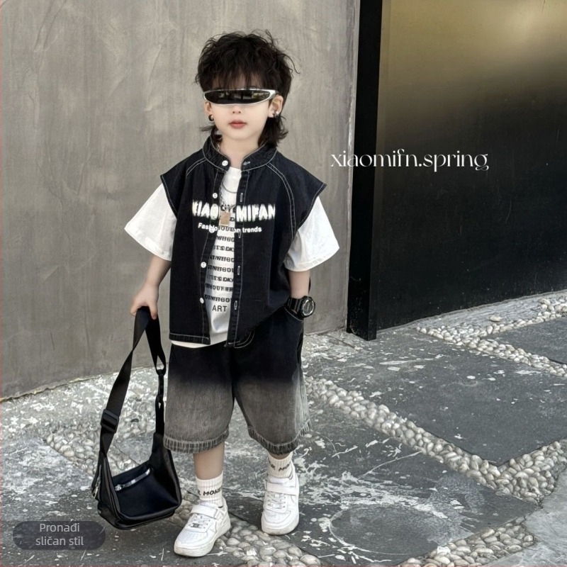 Trokomponentni dječji denim komplet (košulja, jakna, šorcevi) – korejski stil, pamuk 71–80%, kratki rukavi, za novorođenčad od 0 do 1 godine