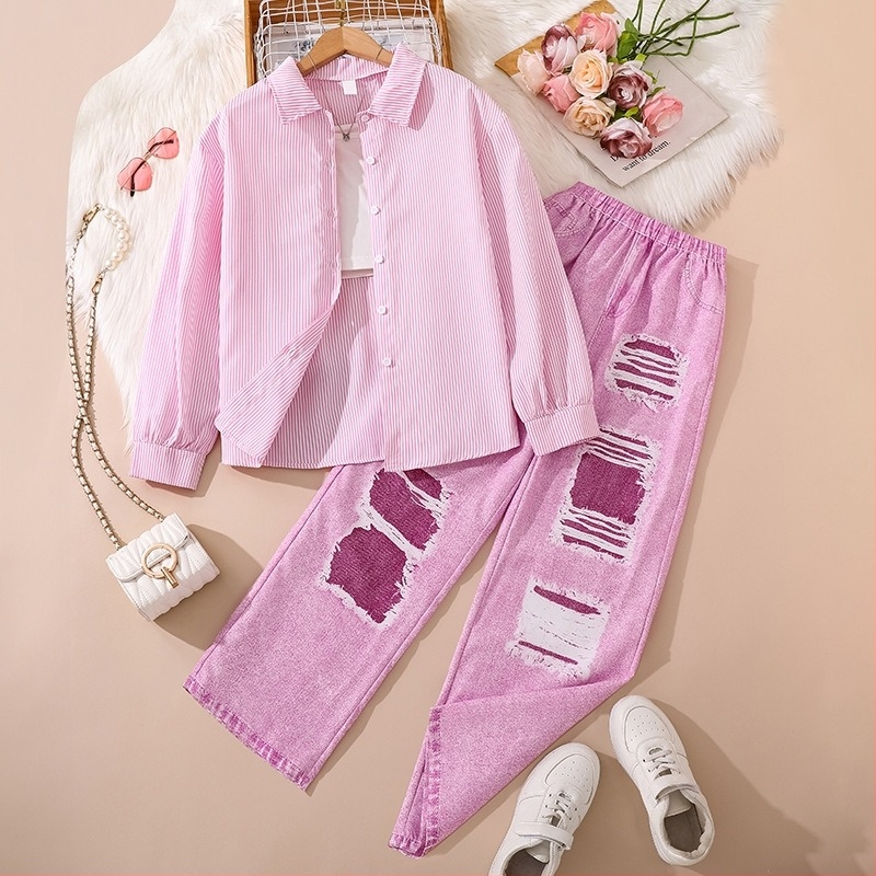 Dječji dvodijelni denim set: poderane traperice i prugasta košulja s dugim rukavima, korejski stil, proljeće i jesen