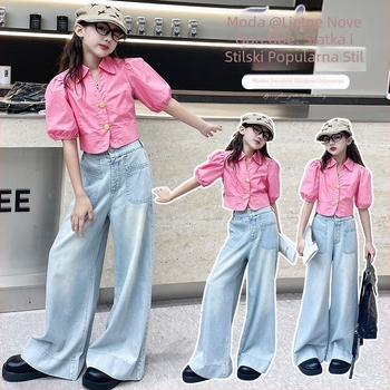 Dječji ljetni dvodijelni set: košulica kratkih rukava u francuskom stilu i široke traperice