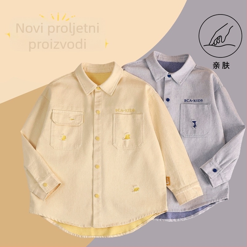 Dječja proljetna denim košulja – 65% pamuk, 35% poliester; dugi rukavi; uzorak: slova; za djecu 8+ godina; proljeće 2025.