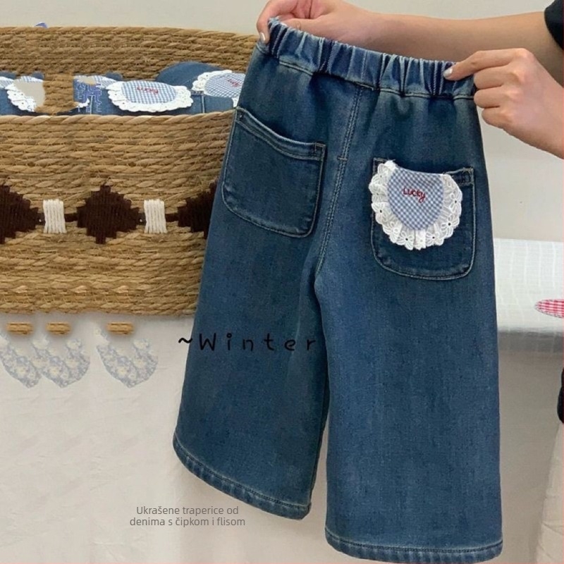 Dječje traperice u korejskom stilu, denim, flis podstava, karikatura otisak, ravna krojena, srednji pojas