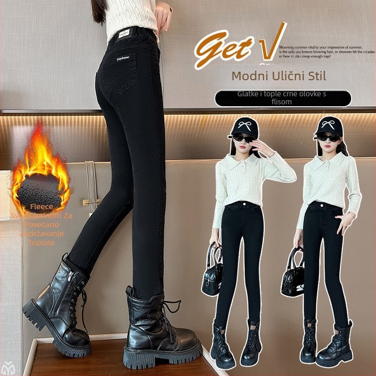 Dječje traper hlače s flisom za zimu, uski kroj, srednja visina struka s elastičnim pojasom