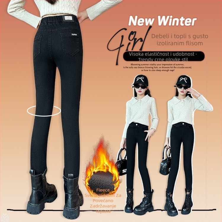 Dječje traper hlače s flisom za zimu, uski kroj, srednja visina struka s elastičnim pojasom