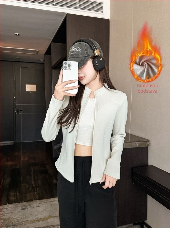 Ženska joga jakna s grafenovom podstavom, dugi rukav, stojeći ovratnik, poliester-spandeks tkanina, duljina 50-65 cm