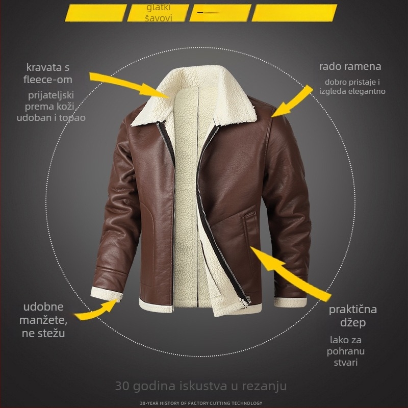 Kožna jakna od prave kože, s reverom, s punim zatvaračem, rombo uzorak, flis podstava