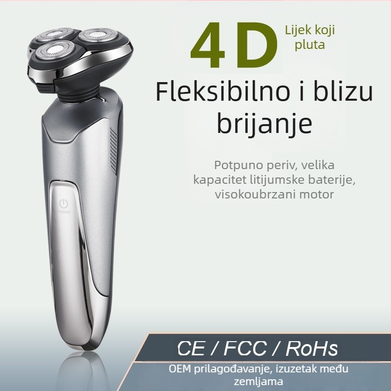 Električni brijač s ugrađenim trimerom za nos — USB punjenje, okretna glava s 3 oštrice, mokro/suho brijanje, LED zaslon