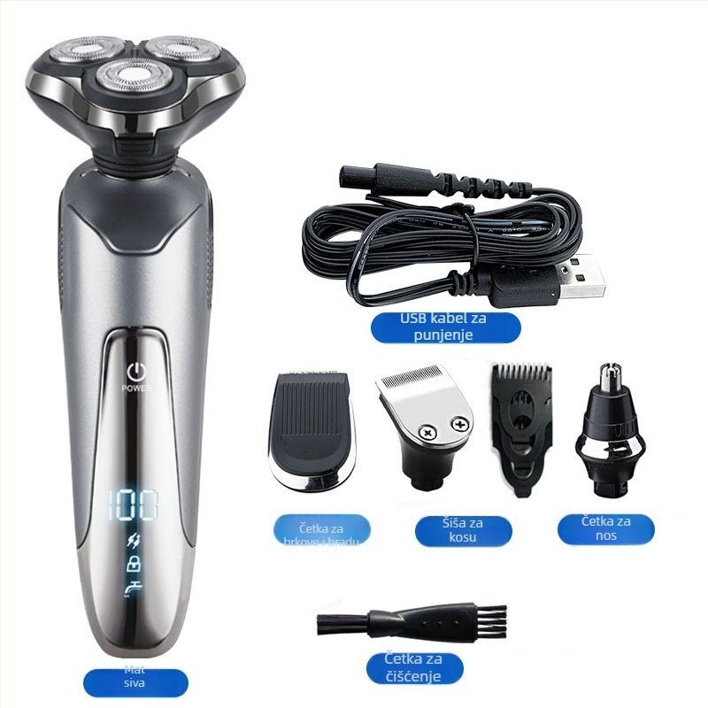 Električni brijač s ugrađenim trimerom za nos — USB punjenje, okretna glava s 3 oštrice, mokro/suho brijanje, LED zaslon